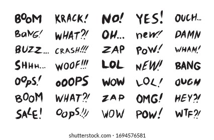 Vector collection of phrases, and comic words for sales, chats, and expressive messages. Set with black and white lettering on a white background.