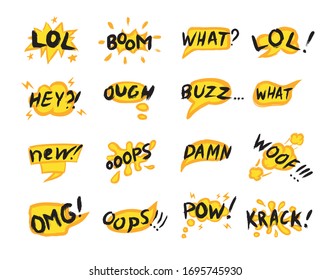 Vector collection of phrases, and comic words on a yellow speech bubble for sales, chats, and expressive messages. Set with black lettering on colorful backdrops.