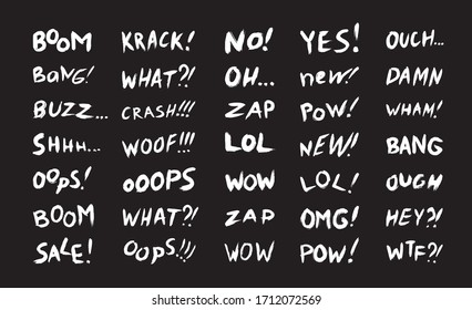 Vector collection of phrases, and comic words for sales, chats, and expressive messages. Set with black and white lettering on a white background.