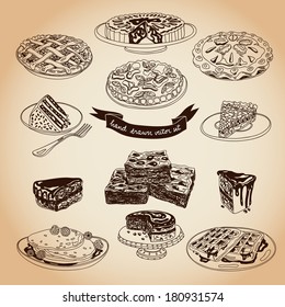 Vector collection of pie, cakes and sweets icons. Hand drawn illustration with Cakes and cupcakes. Teatime set.