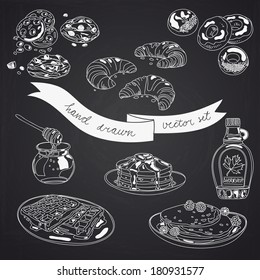 Vector collection of pie, cakes and sweets icons. Hand drawn illustration with Cakes and cupcakes. Teatime set.Chalkboard design.