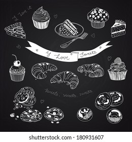 Vector collection of pie, cakes and sweets icons. Hand drawn illustration with Cakes and cupcakes. Teatime set.Chalkboard design.