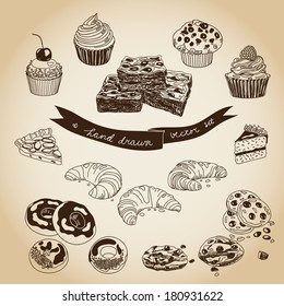 Vector collection of pie, cakes and sweets icons. Hand drawn illustration with Cakes and cupcakes. Teatime set.