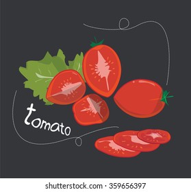 Vector collection of pieces of tomatoes on black background.