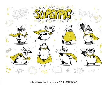 Vector collection of pig super hero hand drawn characters isolated on white background. Comic style. Outline drawing. Perfect for banners, cards, prints, package design, children's room interior decor