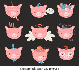 Vector collection with piglet faces. Emoji. Sleeping, angel, four-eyes and other costumes. Cartoon style