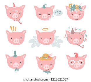 Vector collection with piglet faces. Emoji. Sleeping, angel, four-eyes and other costumes. Cartoon style
