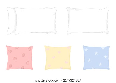 Vector - Colección de almohadas, cojín aislado sobre fondo blanco. Interior, Camas. Plano, imagen de caricatura.