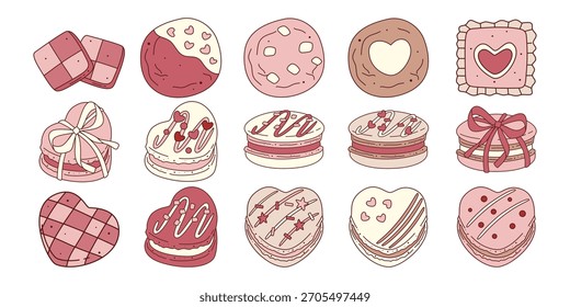 Uma coleção vetorial de biscoitos cor-de-rosa e bege do Dia dos Namorados e macarões em forma de coração, decorados com glacê e polvilhos.
