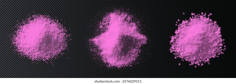 vector collection of pink sea bath salt textures: fine grains, coarse crystals, and scattered piles. High-quality on black background, perfect for spa, wellness, beauty, and design projects. Natural