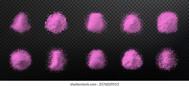 vector collection of pink sea bath salt textures: fine grains, coarse crystals, and scattered piles. High-quality on black background, perfect for spa, wellness, beauty, and design projects. Natural