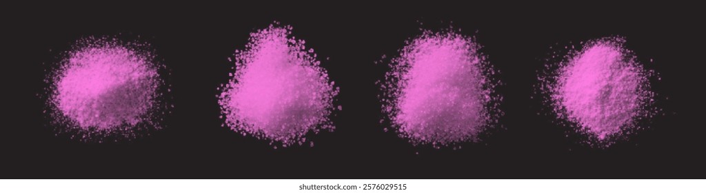 vector collection of pink sea bath salt textures: fine grains, coarse crystals, and scattered piles. High-quality on black background, perfect for spa, wellness, beauty, and design projects. Natural
