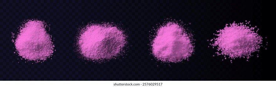 vector collection of pink sea bath salt textures: fine grains, coarse crystals, and scattered piles. High-quality on black background, perfect for spa, wellness, beauty, and design projects. Natural