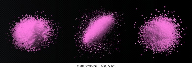 vector collection of pink sea bath salt textures: fine grains, coarse crystals, and scattered piles. High-quality on black background, perfect for spa, wellness, beauty, and design projects. 