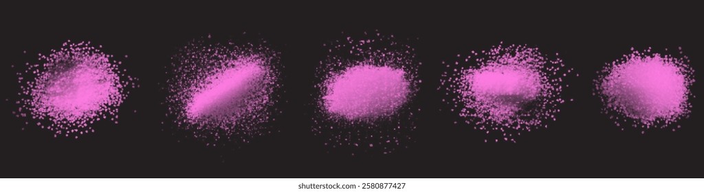 vector collection of pink sea bath salt textures: fine grains, coarse crystals, and scattered piles. High-quality on black background, perfect for spa, wellness, beauty, and design projects. 