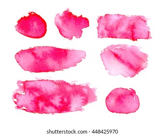 Vector collection of pink watercolor smears, shapes on white background. Hand drawn paint stains set. Abstract make up paint brush strokes.
