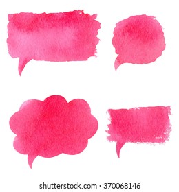 Vector collection of pink watercolor speech bubbles, rectangles, shapes on white background. Hand drawn paint stains set.  