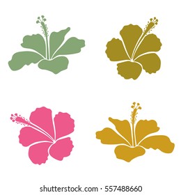 Vector collection of pink and yellow hibiscus flowers. Set with pink and yellow flowers. Vector illustration.