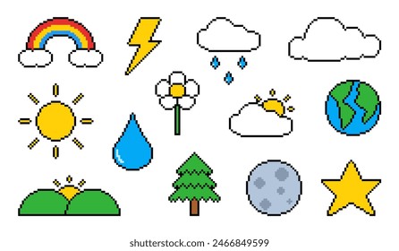 vector collection of pixel style nature theme objects