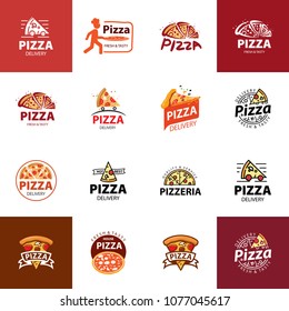 Vector collection of Pizza emblems, badges, elements and icons. Pizzeria cafe, restaurant or delivery logo templates. Food icons set on blackboard.