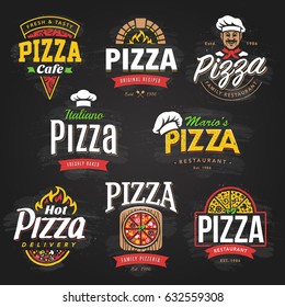 Vector collection of Pizza emblems, badges, elements and icons. Pizzeria cafe, restaurant or delivery logo templates. Food icons set on blackboard. 