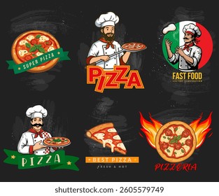 Vector collection of pizza emblems. Ideal for fast food restaurants and pizza delivery businesses. Includes various icons and badges. Editable logo template.