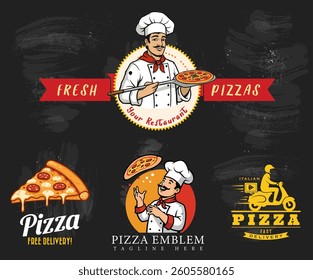 The vector collection of pizza emblems is useful for fast food and pizza businesses. These designs enhance the appearance of your business.