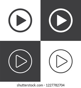 Vector collection of play button icons with white graphics on dark background and dark graphics on white background