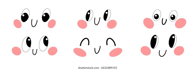 Vector collection of playful cartoon faces. Blushing cheeks and shiny eyes in various joyful expressions.