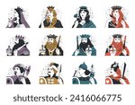 Vector collection of playing cards. King, queen, jack of different suits. Illustration of casino game card, collection gambling design