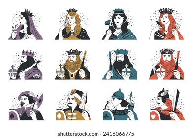 Vector collection of playing cards. King, queen, jack of different suits. Illustration of casino game card, collection gambling design