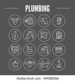 Vector collection of plumbing icons. Plumbing and handyman service symbols made in line style vector. Modern illistrations of pipe, leak, faucet fixing and other repair services.