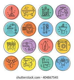 Vector collection of plumbing icons. Plumbing and handyman service symbols made in line style vector. Modern illistrations of pipe, leak, faucet fixing and other repair services.