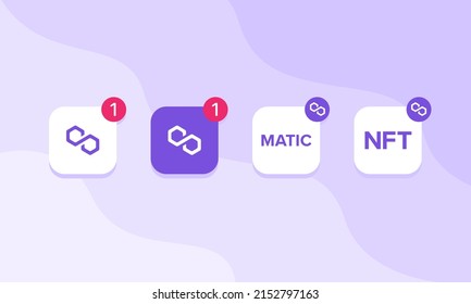 Vector collection of Polygon NFT  icons. MATIC non fungible token design elements for marketplace and crypto exchange. Set of mobile app designs with notification badges, crypto currency assets.