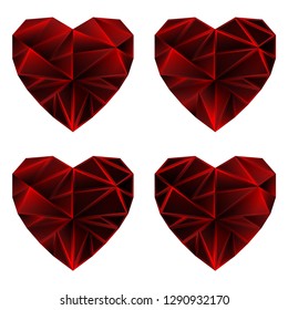 Vector collection of polygonal geometric red hearts on white background. Valentine heart set.