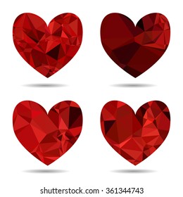 vector collection of polygonal red hearts on white background
