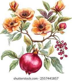 vector collection of pomegranate branches with flowers. pomegranate set. illustration vector set