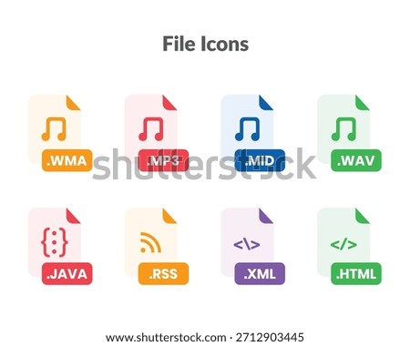 Vector collection of popular audio, music, and web programming file format icons in a modern, flat, and colorful style. Includes file types such as WMA, MP3, MID, WAV, JAVA, RSS, XML, and HTML.