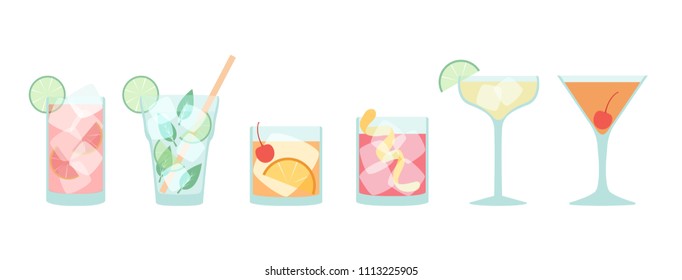 Vector collection of popular cocktails in flat style isolated on white - Mojito, Daiquiri, Old Fashioned, Negroni, Manhattan, Sea Breeze, with ice cubes and proper decoration