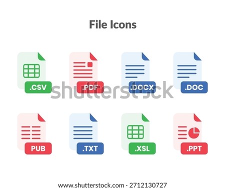 Vector collection of popular office and document file format icons in a modern, flat, and colorful style. Ideal for software development, cloud storage apps, web interfaces, and UI-UX design.