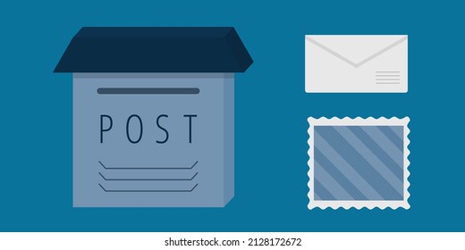 Vector collection of postal elements. Mailbox, letter and postage stamp in blue. Simple, flat, cartoon vector illustration