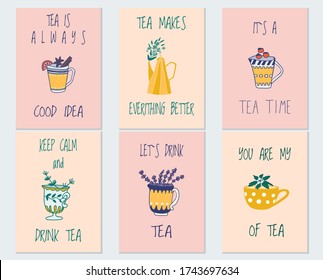 Vector collection of postcard in teatime subjects. Set of posters with tea cup, teapot and lettering. Perfect for greetings, cards, congratulations, warm wishes, tea shop or store