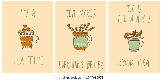 Vector collection of postcard in teatime subjects. Set of posters with tea cup, teapot and lettering. Perfect for greetings, cards, congratulations, warm wishes, tea shop or store