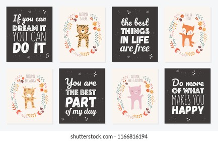 Vector collection of postcards with animals surrounded by a plant wreath with autumn slogan. Thanksgiving day, anniversary, baby shower, birthday, children's party, autumn holidays