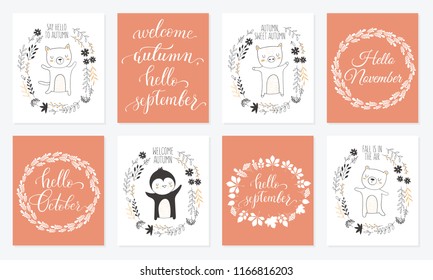 Vector collection of postcards with animals surrounded by a plant wreath with autumn slogan. Thanksgiving day, anniversary, baby shower, birthday, children's party, autumn holidays