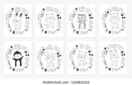 Vector collection of postcards with animals surrounded by a plant wreath with autumn slogan. Thanksgiving day, anniversary, baby shower, birthday, children's party, autumn holidays