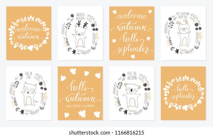 Vector collection of postcards with animals surrounded by a plant wreath with autumn slogan. Thanksgiving day, anniversary, baby shower, birthday, children's party, autumn holidays