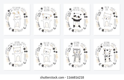 Vector collection of postcards with animals surrounded by a plant wreath with autumn slogan. Thanksgiving day, anniversary, baby shower, birthday, children's party, autumn holidays