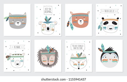 Vector collection of postcards with indian tribal animals faces with motivational slogan. Friendship day, Valentine's, anniversary, birthday, children's or teenager party