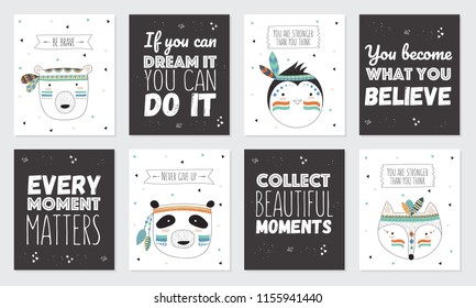 Vector collection of postcards with indian tribal animals faces with motivational slogan. Friendship day, Valentine's, anniversary, birthday, children's or teenager party